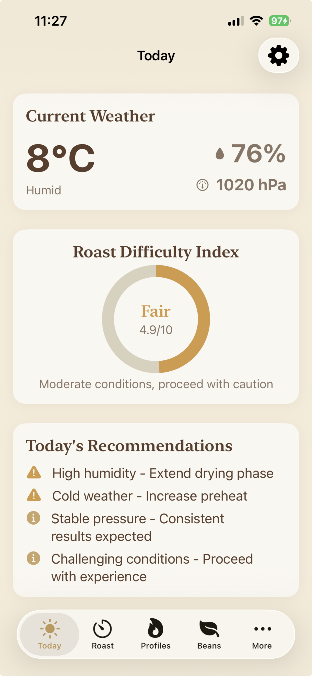 CoffeeRoastMate Today screen