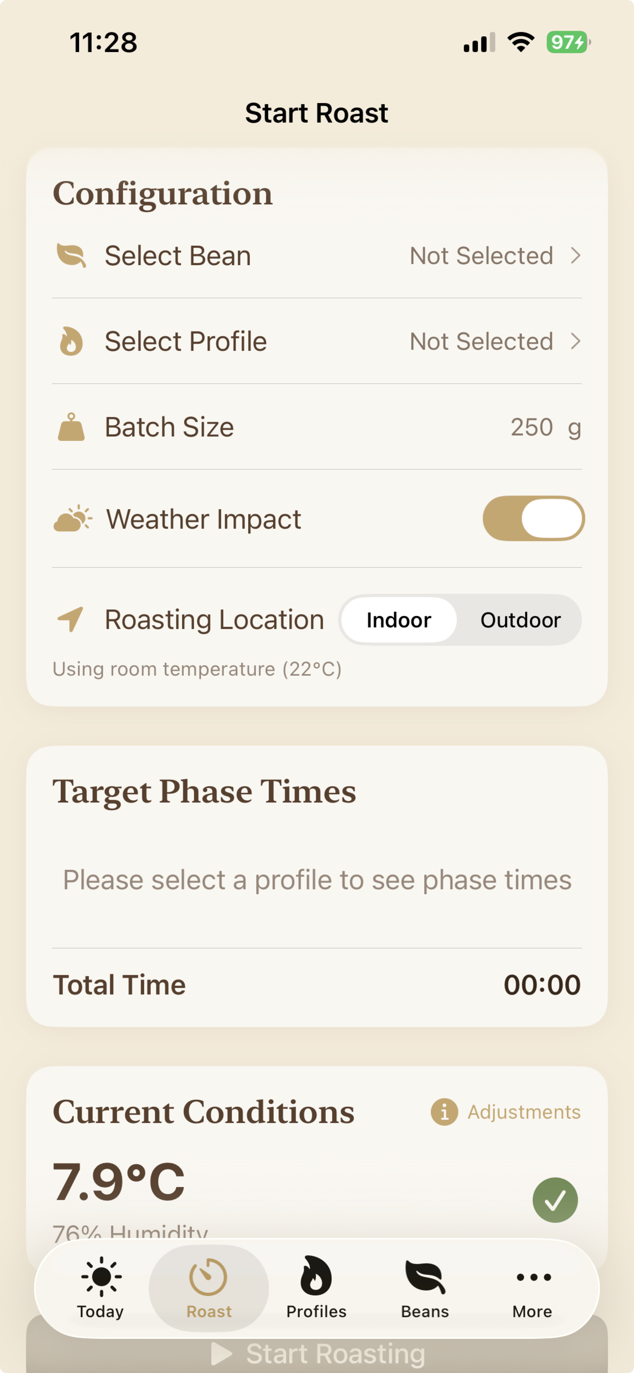 Roast configuration and current conditions