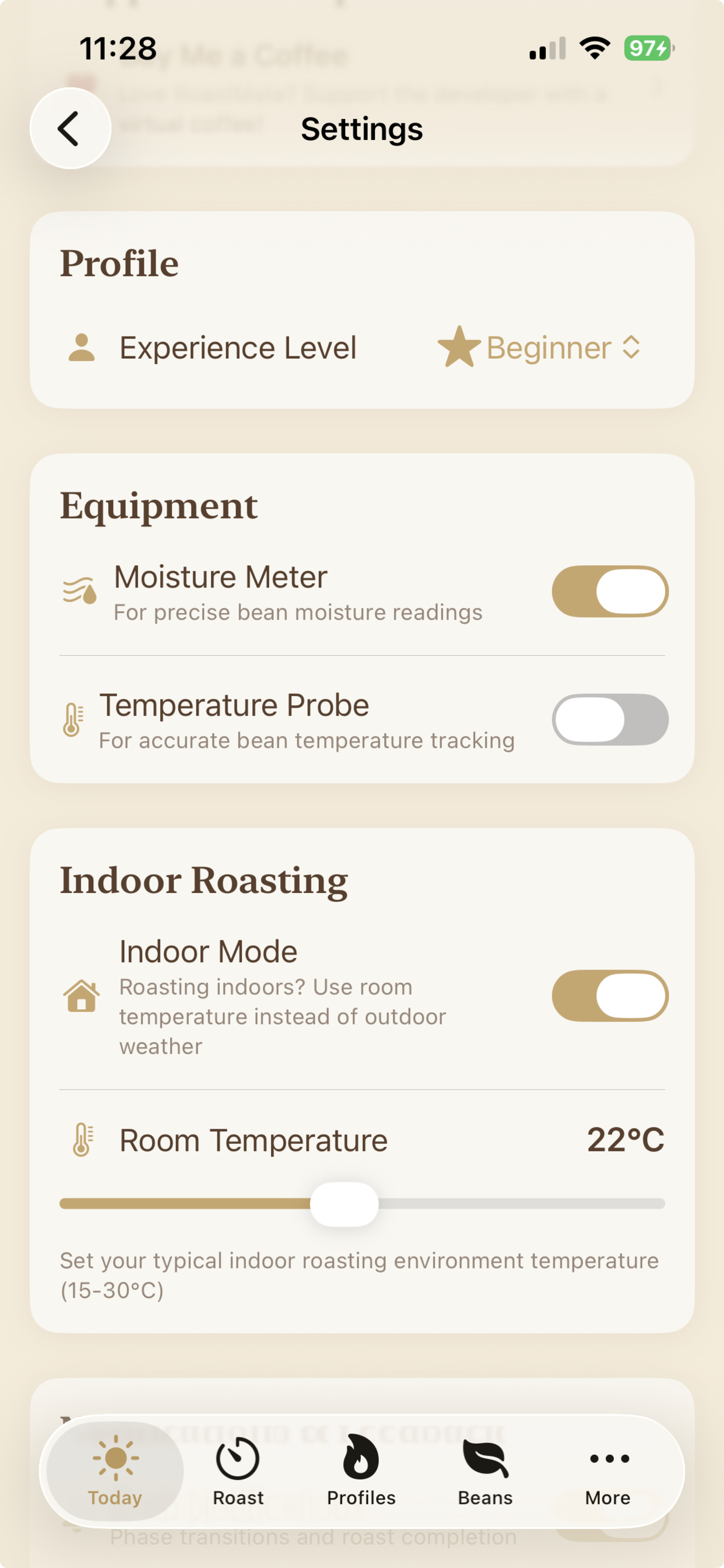Settings and indoor roasting options