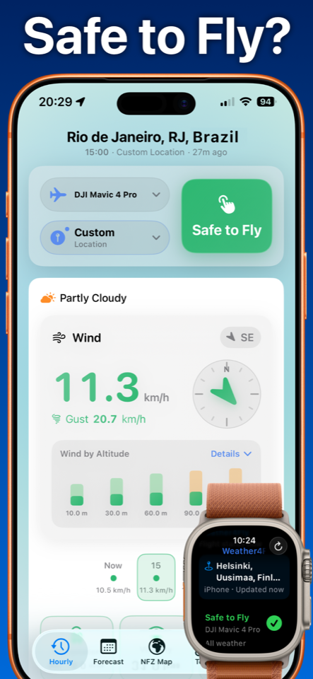 Weather4Fly flight decision screen showing a clear Safe, Caution or No Fly status